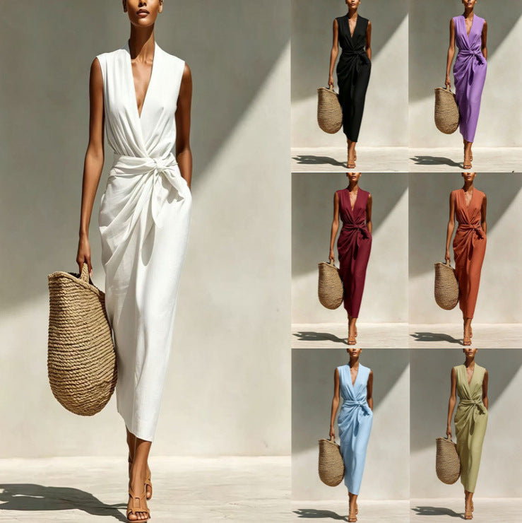 Solid-color Sleeveless Cotton-linen Feel Midi Dress 