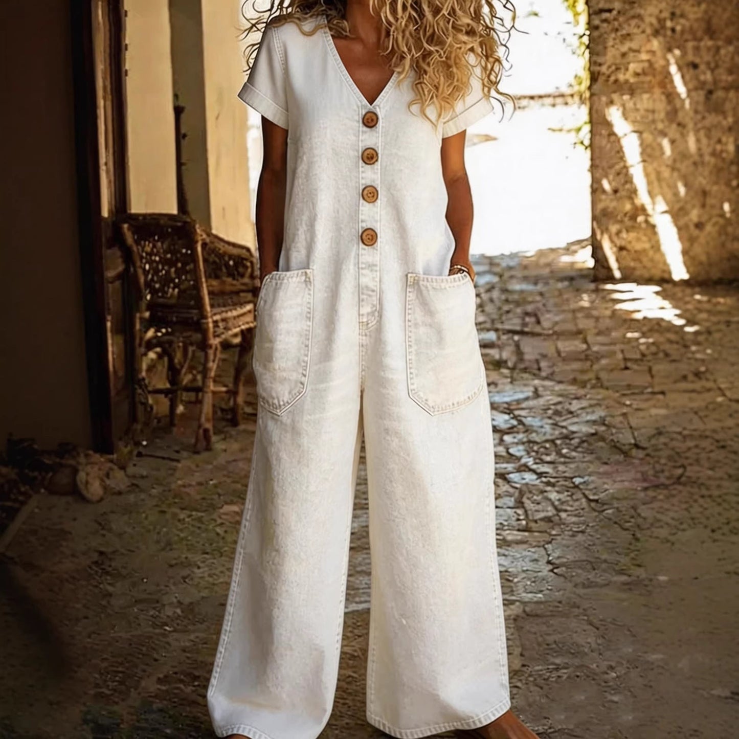 Womens Retro Summer Cotton-Linen Button-Pocket Comfortable Short-Sleeve Casual 