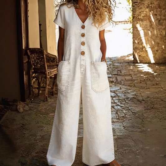 Womens Retro Summer Cotton-Linen Button-Pocket Comfortable Short-Sleeve Casual 