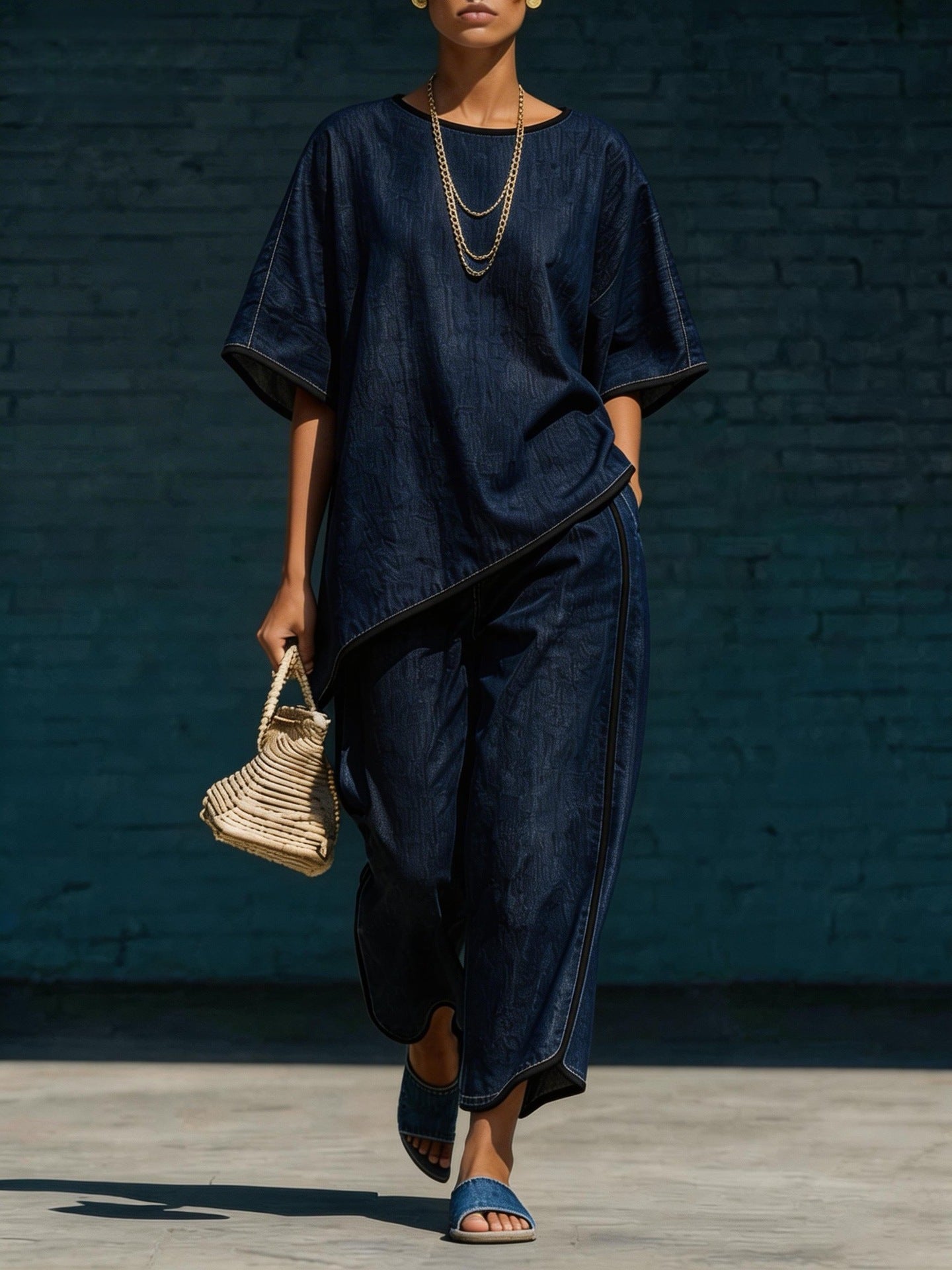 Elegant Casual Denim-Style Loose Wide-Leg Pants Two-Piece Set 