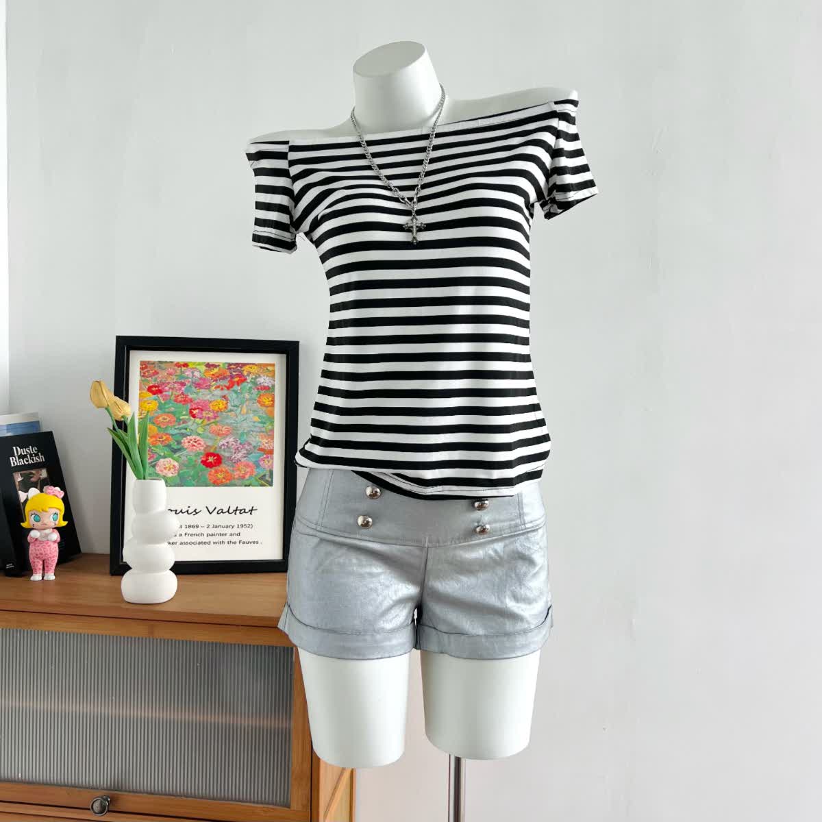 Ladies' Off Shoulder Striped Top Casual One Shoulder Shirt 