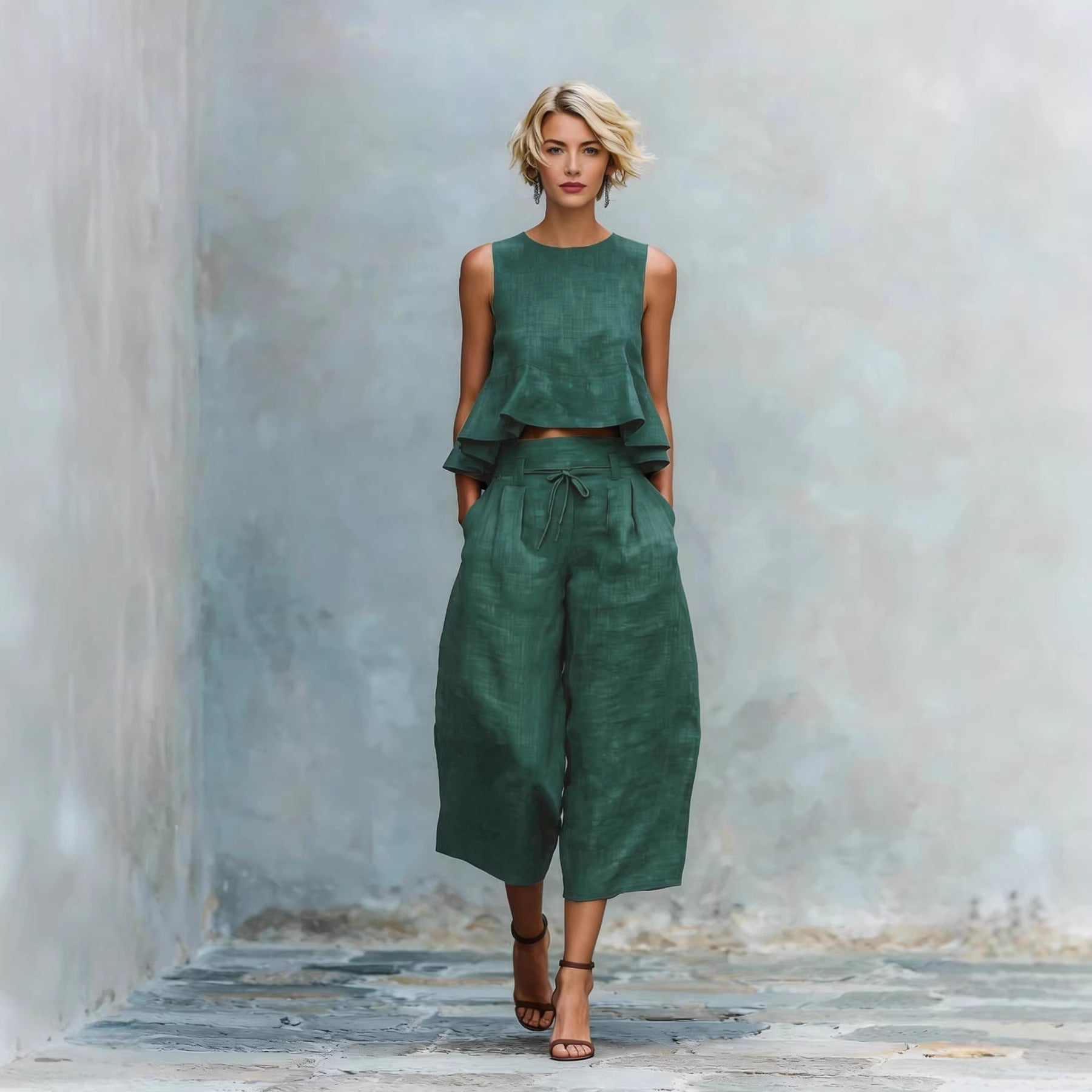 Womens Linen-blend Two-piece Set With Ruffled Detailing 