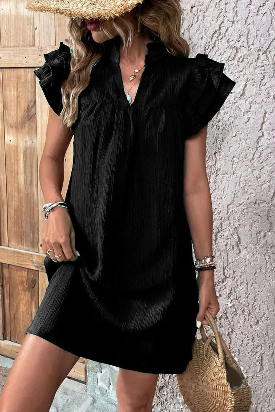 Ruffled Notched Cap Sleeve Mini Dress 