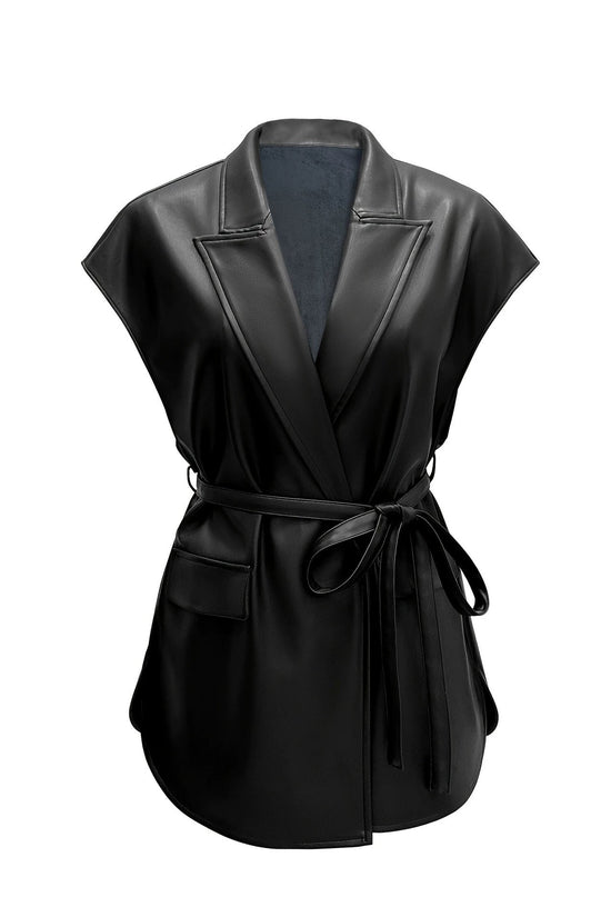 Sleeveless PU leather vest women's suit collar belt vest jacket 