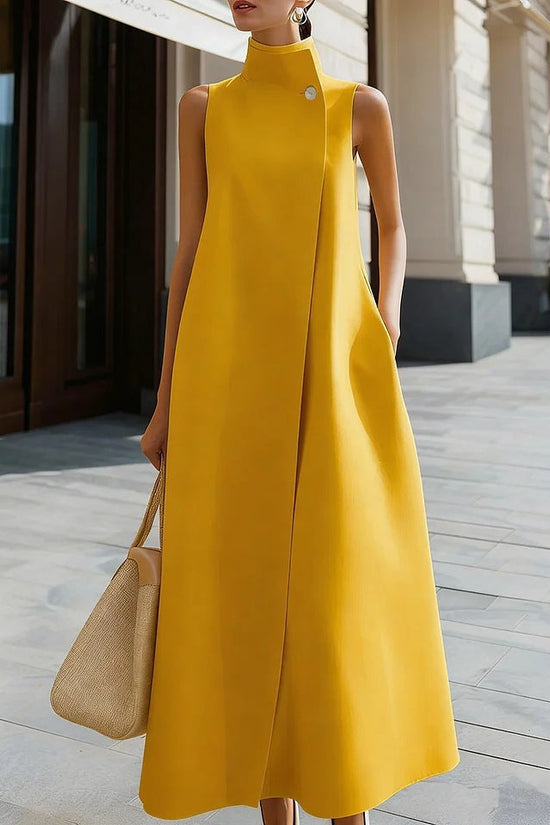 Elegant Sleeveless Long Dress with Stand Collar and Single Button Office Wear, Casual Fashion 