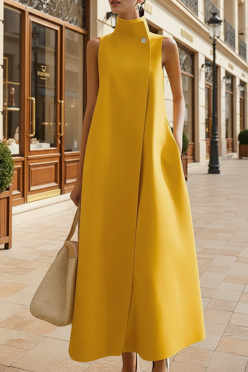 Elegant Sleeveless Long Dress with Stand Collar and Single Button Office Wear, Casual Fashion 