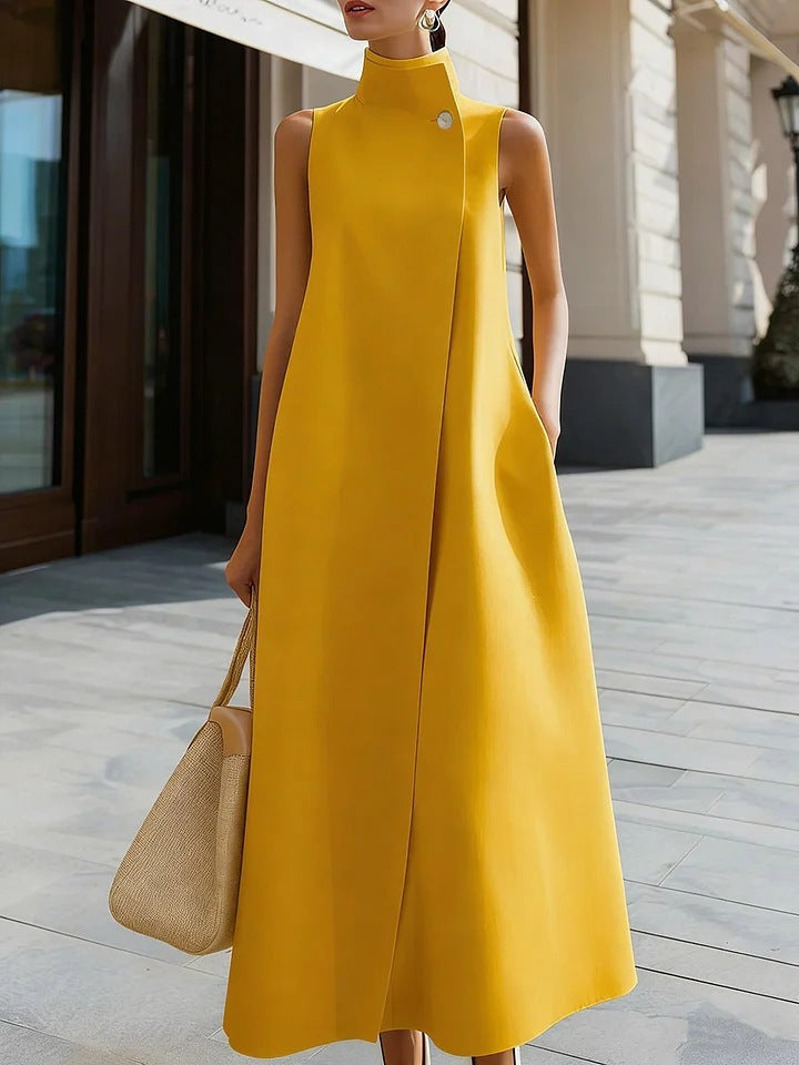 Elegant Sleeveless Long Dress with Stand Collar and Single Button Office Wear, Casual Fashion 