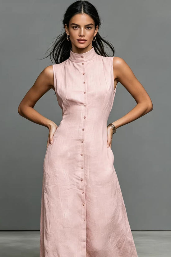 Blended Fabric Stand-up Collar Single-breasted Sleeveless Maxi Dress 
