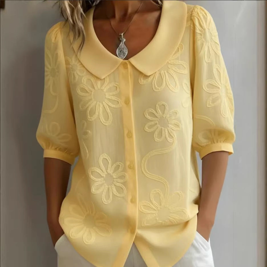 Loose-fit Retro Buttoned 3D Embroidered Floral Shirt 