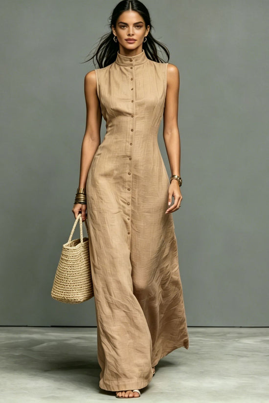 Blended Fabric Stand-up Collar Single-breasted Sleeveless Maxi Dress 