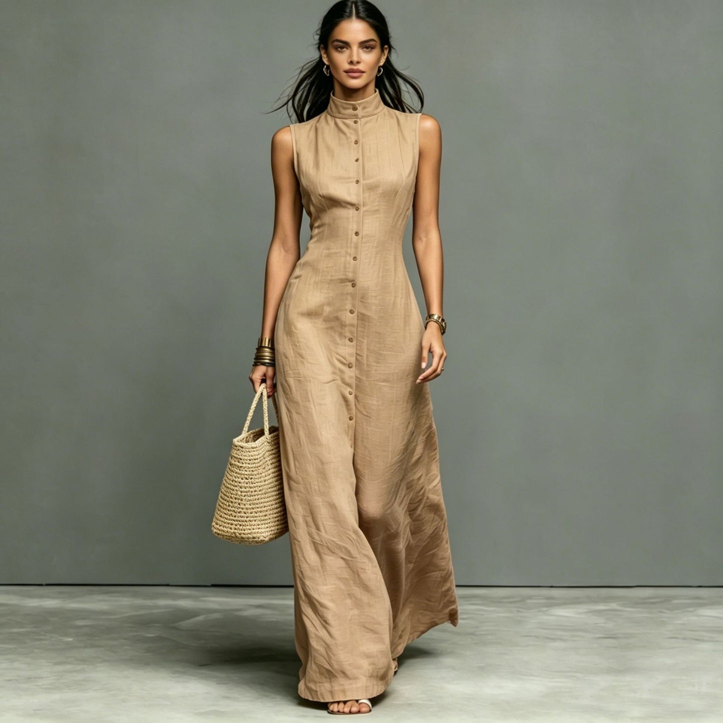 Blended Fabric Stand-up Collar Single-breasted Sleeveless Maxi Dress 