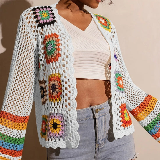 Women's Elegant Crochet Cardigan - Long Sleeve Open Front Vibrant Color Block Coat CJ