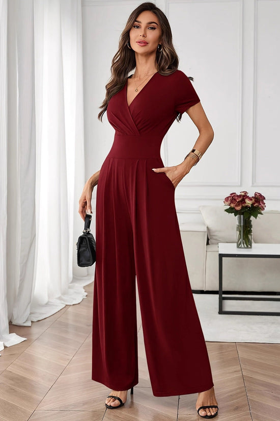 Women's Solid-Color Short-Sleeve Pleated Wide-Leg Jumpsuit 