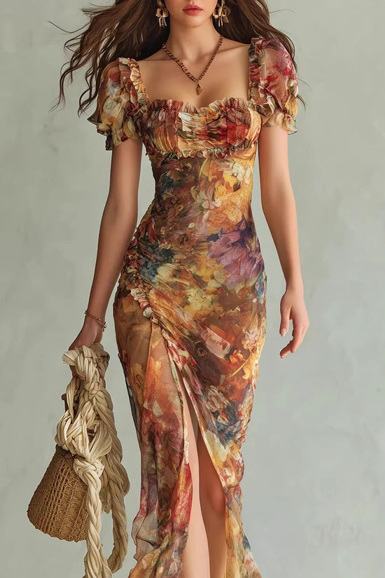 V-neck waist cinched ruffle edge dress 