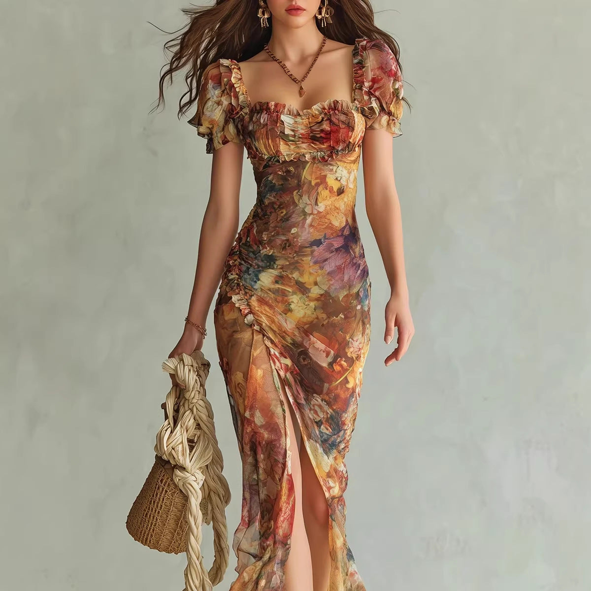 V-neck waist cinched ruffle edge dress 