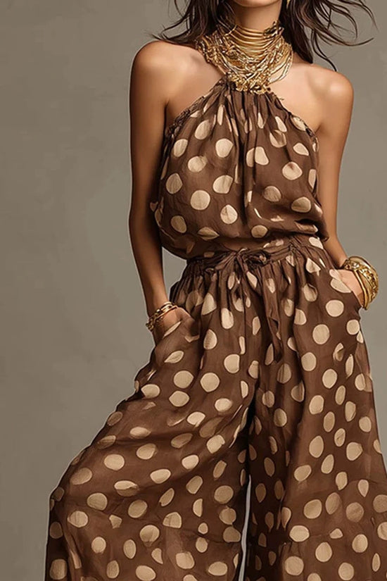 New  Polka Dot Halter Neck Women's Summer Bohemian Vacation Casual Beach Loose Wide-leg Jumpsuit 