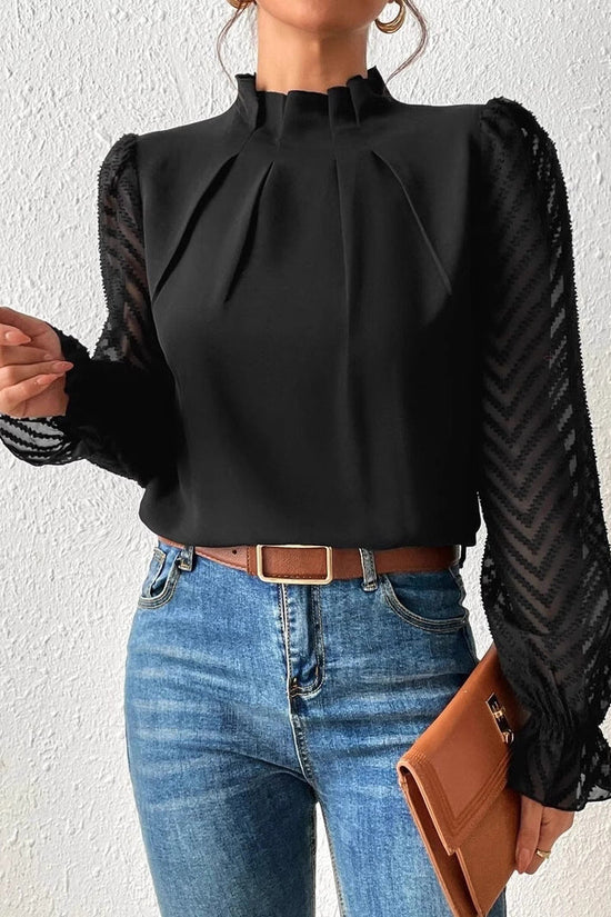Autumn Winter New Women's High Neck Spliced Wave Pattern Chiffon Long Sleeve Top 
