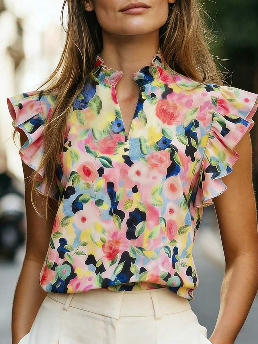 Women's Retro Ruffle-Trimmed Printed Sleeveless Shirt 