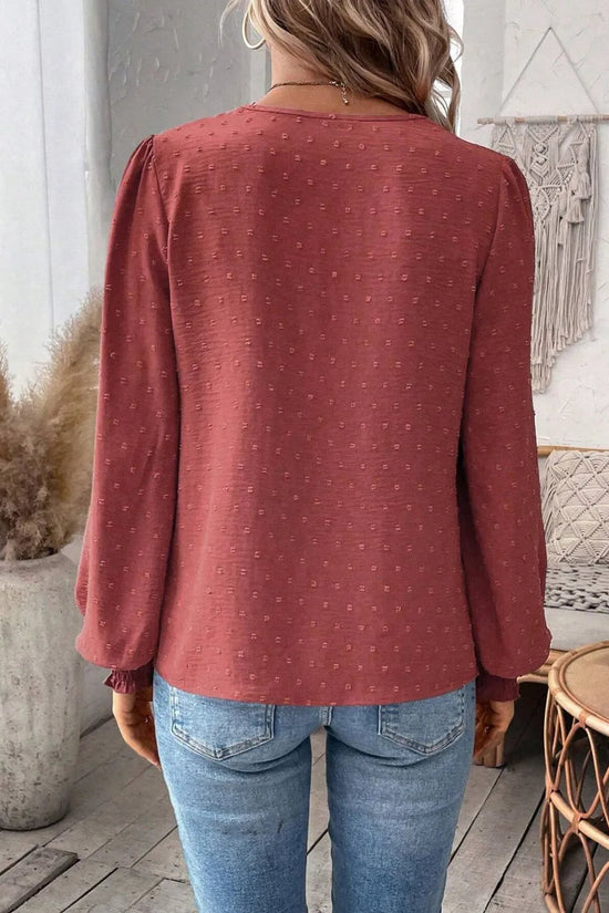 Swiss Dot Lace Detail Notched Long Sleeve Blouse 