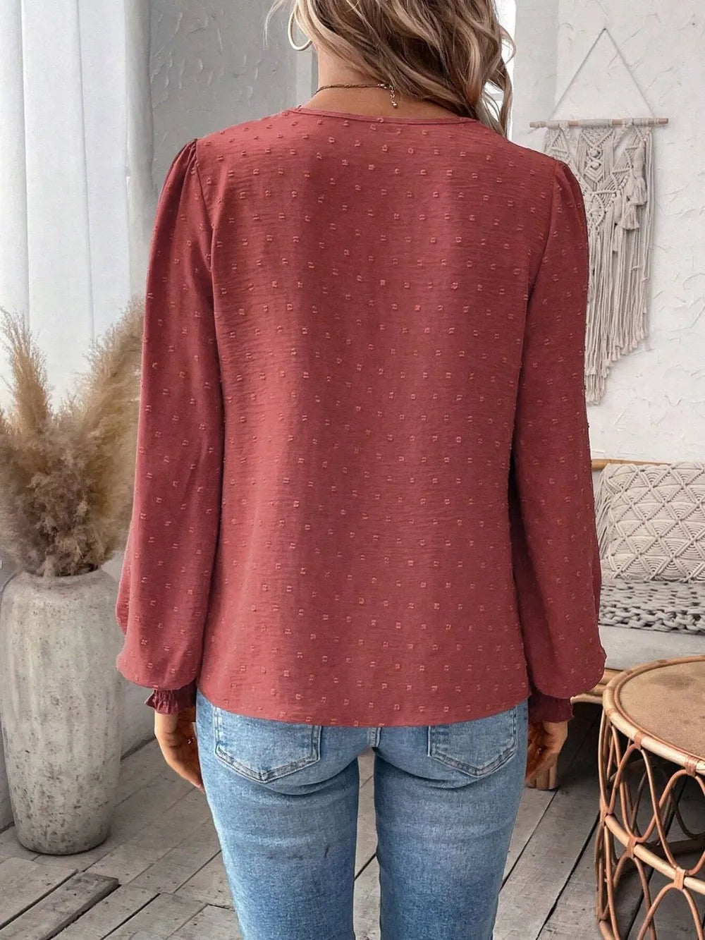 Swiss Dot Lace Detail Notched Long Sleeve Blouse 