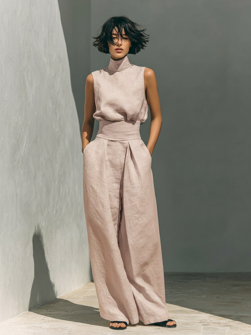 Womens Cotton-Linen Blend Sleeveless Top And Wide-Leg Pants Set 