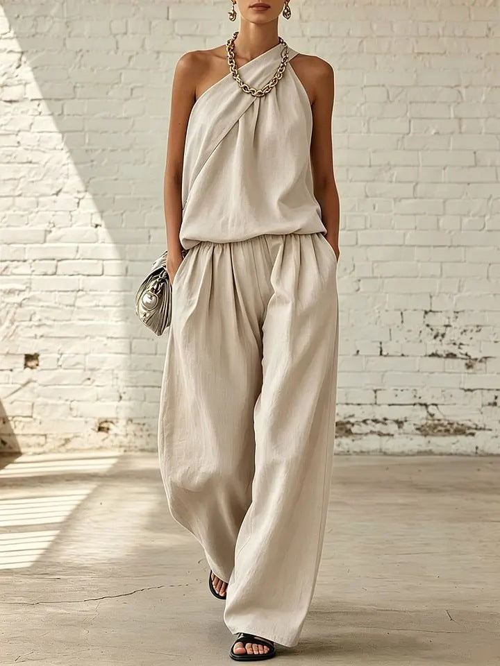 Cotton-linen Sleeveless Double-layer Top And Wide-leg Pants Set 
