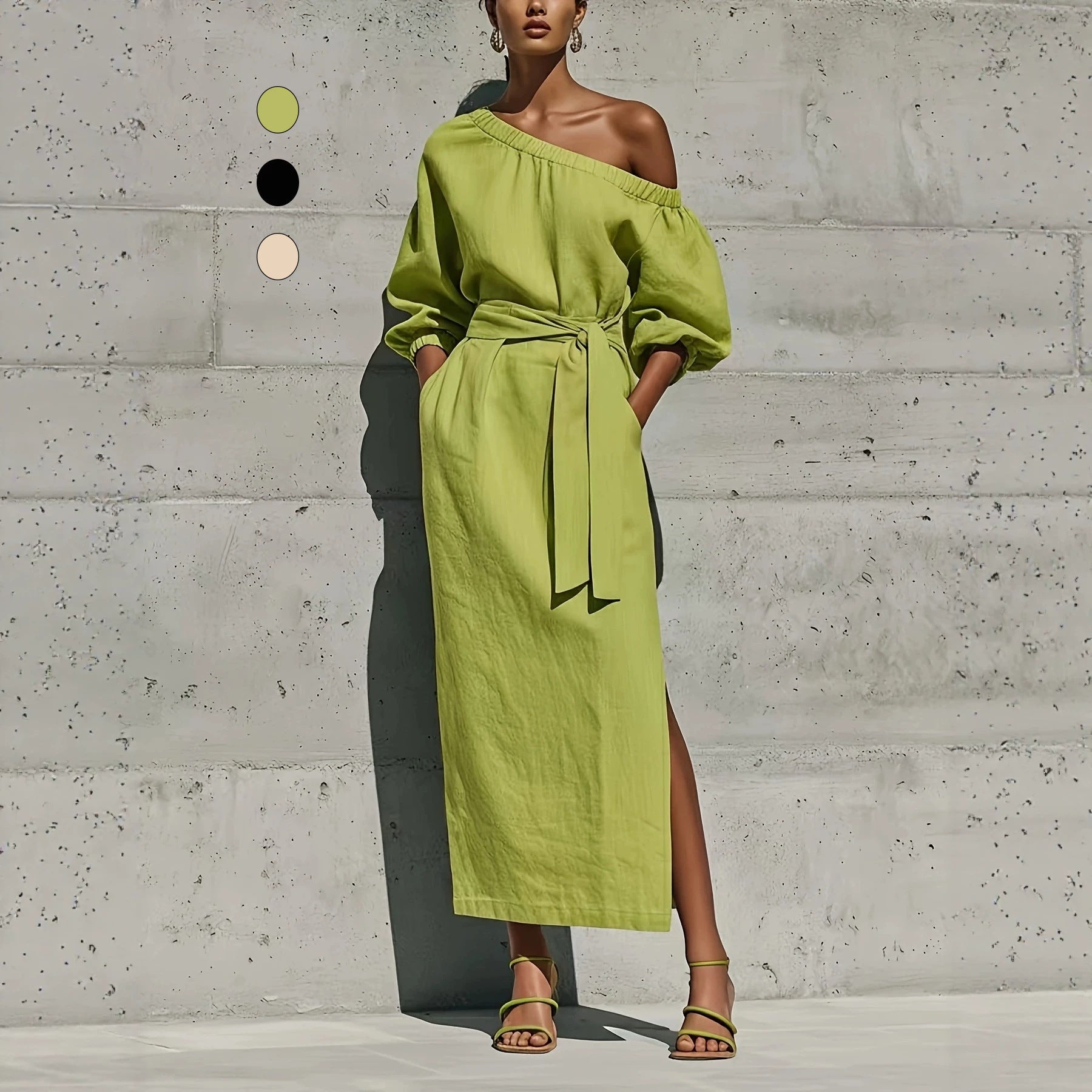 Fashionable Elegant Loose Linen Off-Shoulder Side Slit Dress with Belt 
