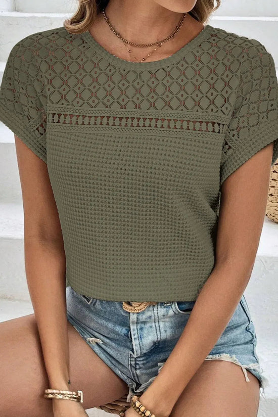 Waffle-Knit Round Neck Short Sleeve Top 