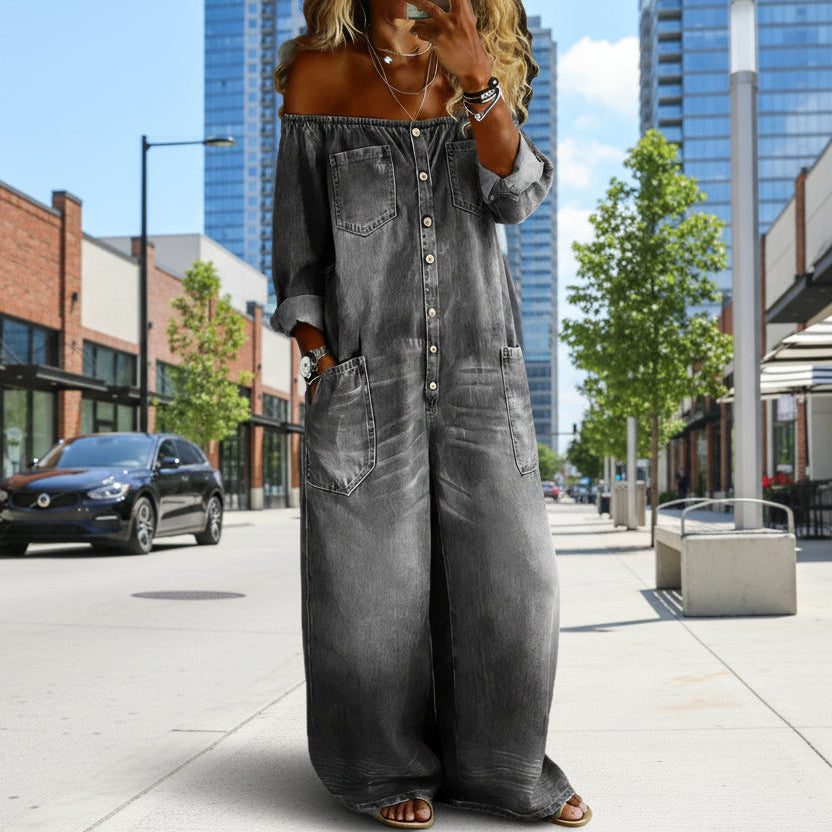 Single-breasted Off-shoulder Washed Faux Denim Jumpsuit 
