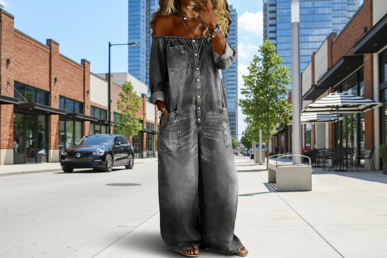Single-breasted Off-shoulder Washed Faux Denim Jumpsuit 