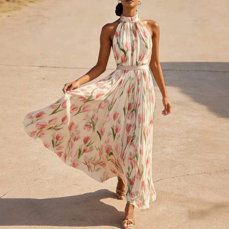 Womens Swing-Style Halterneck Printed Dress 