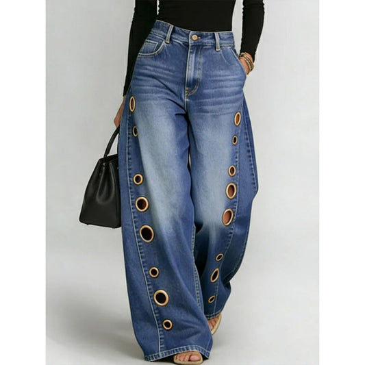 New jeans for women, metal eyelet design, casual loose high-waisted wide-leg jeans 