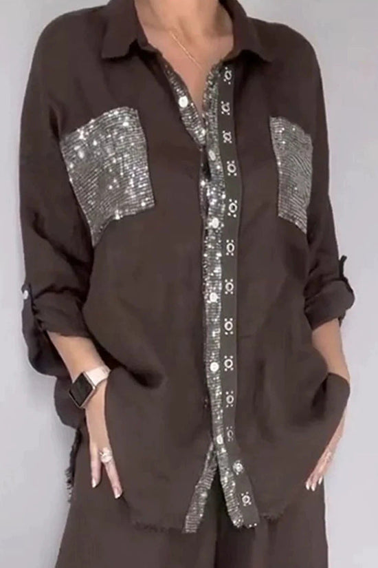 New Fashion Casual Women's Set with Pocket Placket and Gold Embellished Round Neck Design 