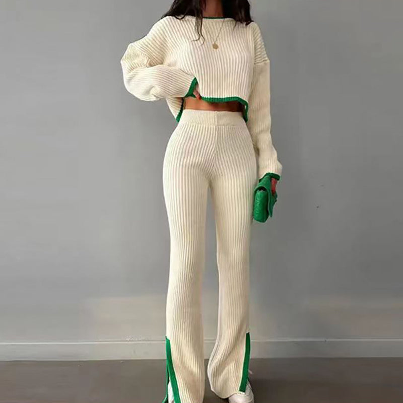 Women's Casual Color-Block Two Piece Set, Long Sleeve Crop Top With Slim Slit Pants, Spring&Autumn Comfort Outfit 