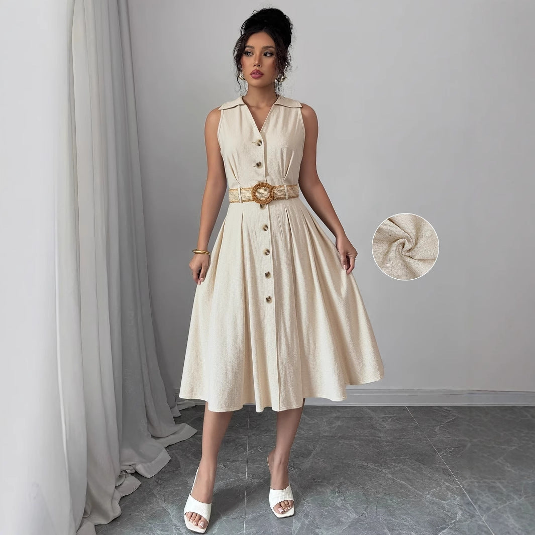 V-neck sleeveless breasted waistband A hem shirt dress for women 