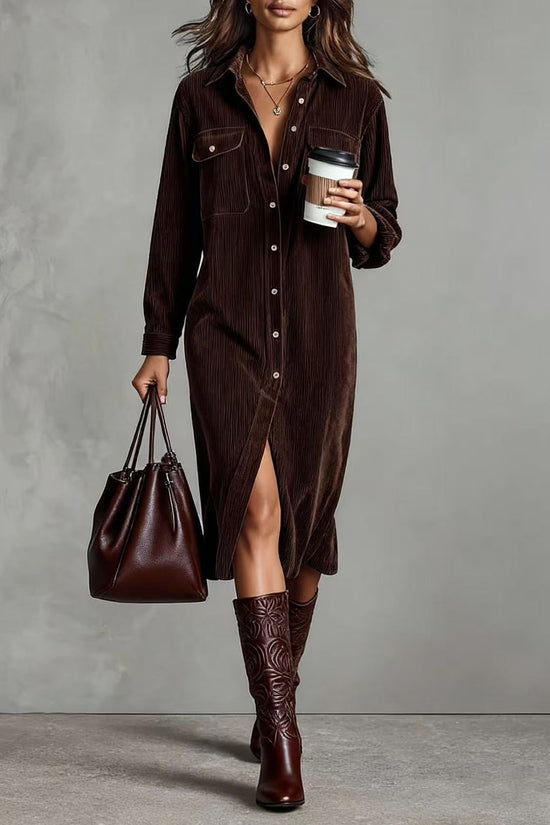 Classic Solid Color Corduroy Long Sleeve Turn-down Collar Shirt Loose Long Dress 