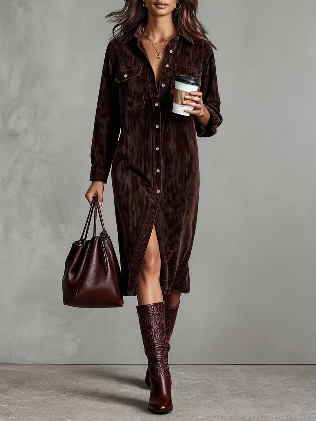 Classic Solid Color Corduroy Long Sleeve Turn-down Collar Shirt Loose Long Dress 