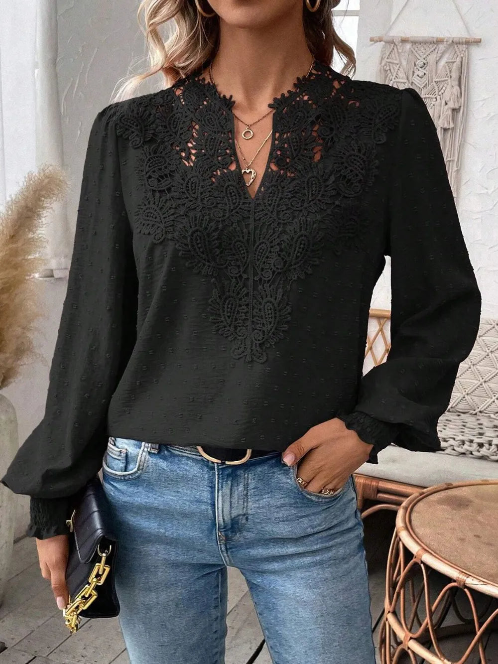 Swiss Dot Lace Detail Notched Long Sleeve Blouse 