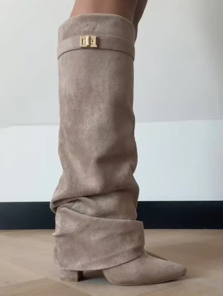 Pointed Toe Straight Tube Pleated Metal Buckle Mid-Calf Boots for Women, Chunky Heel Pipe Boots, Wide Size Available 