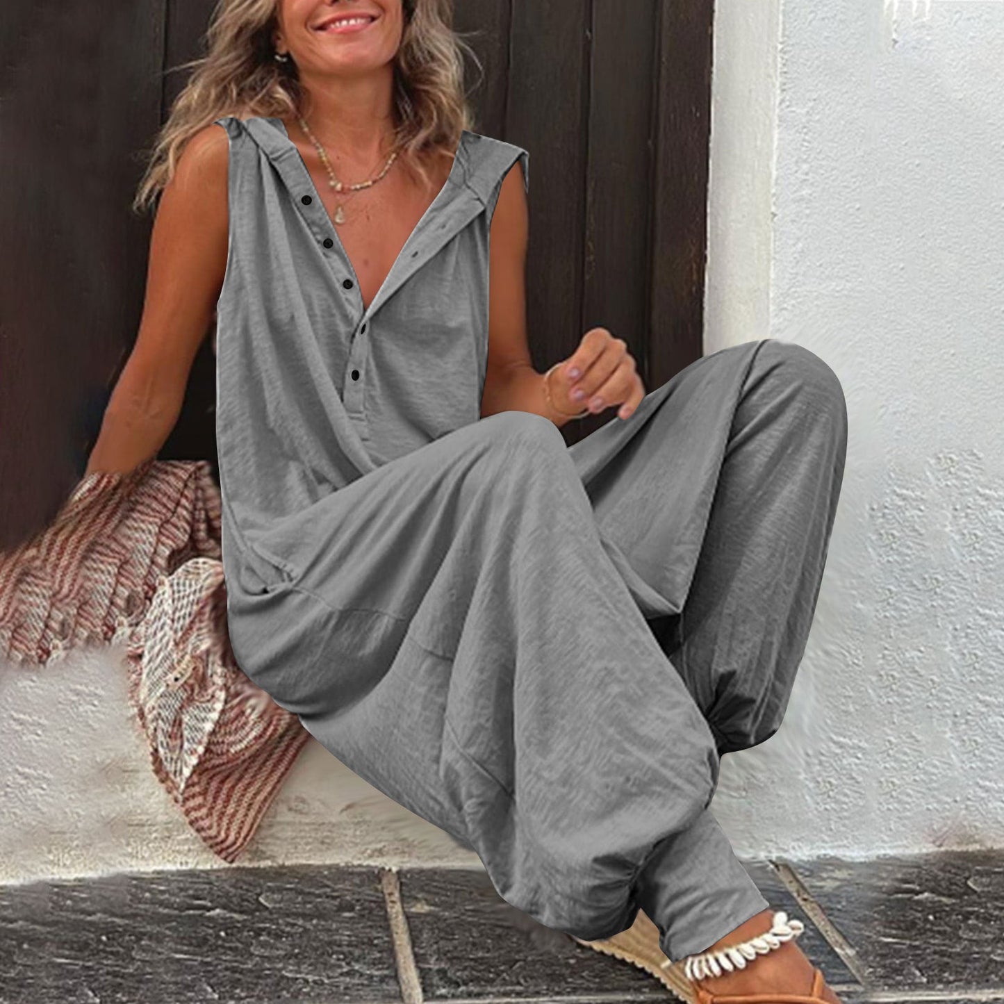Buttoned Hooded Sleeveless Pants For Women 