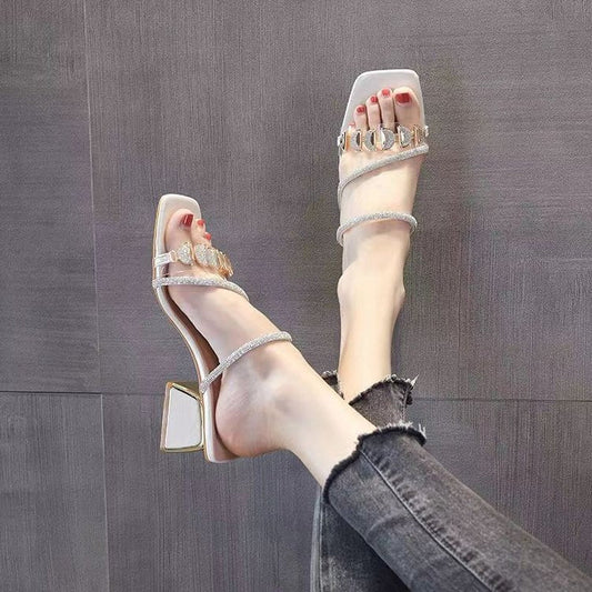 Women's Korean Style Slide Sandals Summer Outdoor Wear Chunky Heel Fashion Rhinestone Sandals 2026 New Trendy Mid Heel Single Strap Women's Shoes 