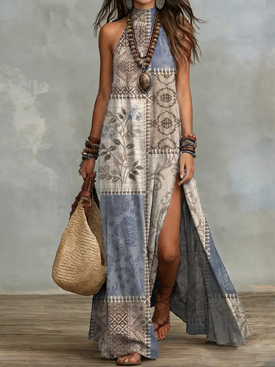 Split Sleeveless Multicolored Printed Maxi Dress 