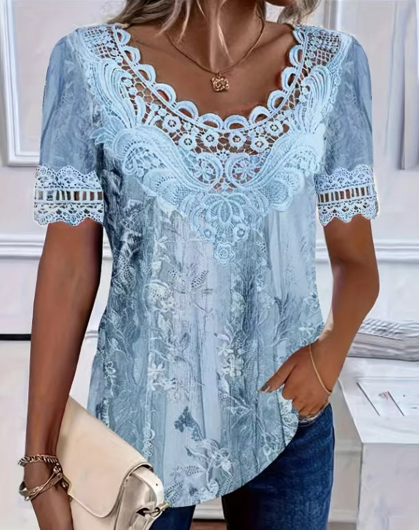 Women's Lace-Patchwork Crew-Neck Short-Sleeve T-Shirt 