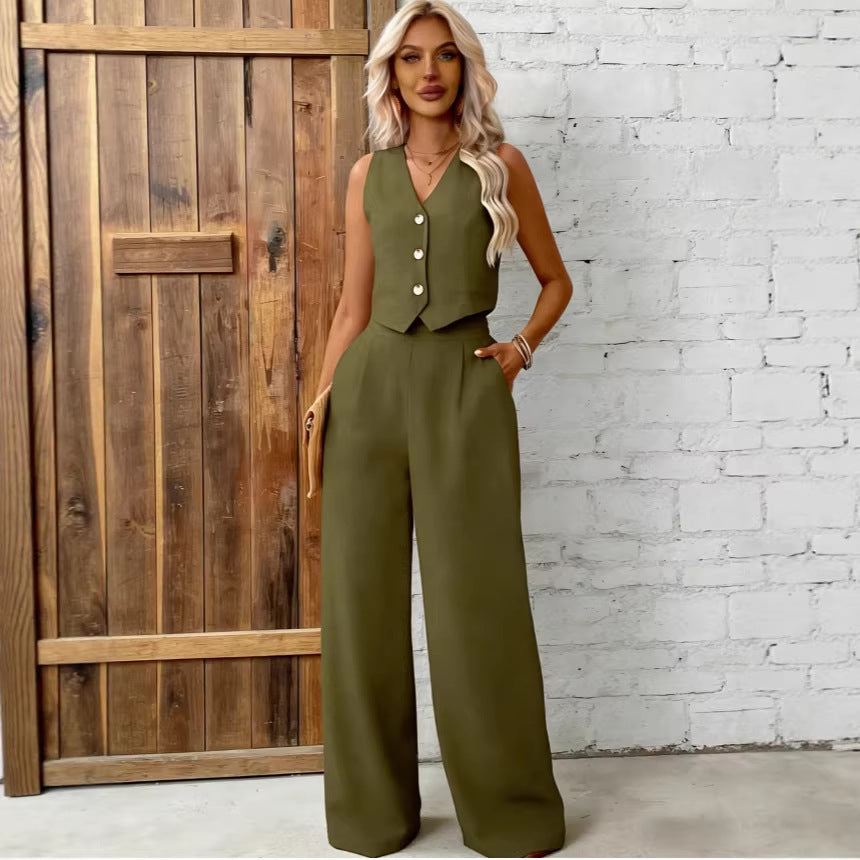 Womens Fashion Plus-Size Buttoned Vest Set 