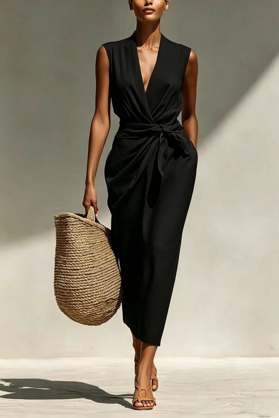 Solid-color Sleeveless Cotton-linen Feel Midi Dress 