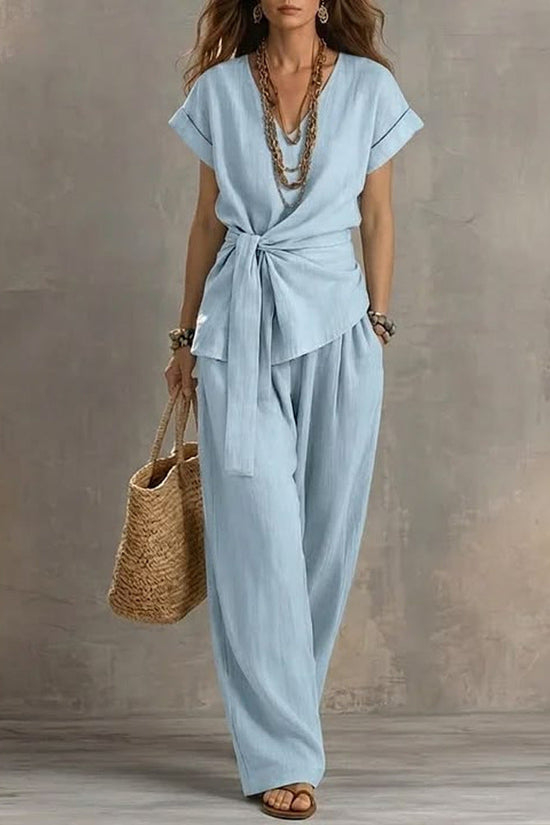 Women's V-neck Pullover Short-Sleeve Pants Set 
