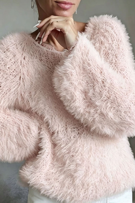 Women's macaron round neck fluffy solid color long sleeved fur top 