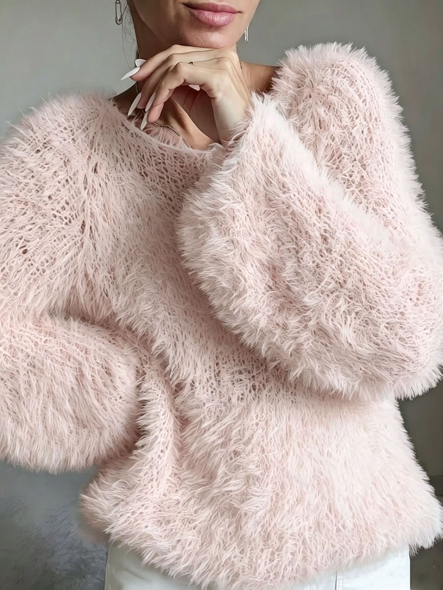 Women's macaron round neck fluffy solid color long sleeved fur top 