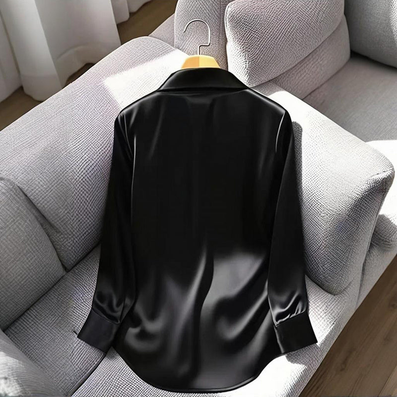 Women's Elegant Long Sleeve V-Neck Solid Color Relaxed Fit Solid Shirt, Business Casual Office Blouse For Fall 