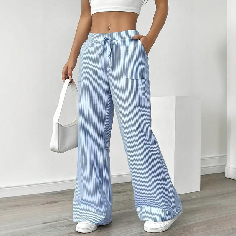 Women's Striped Print Straight Wide Leg Pockets Pants Casual Long Pants CJ US